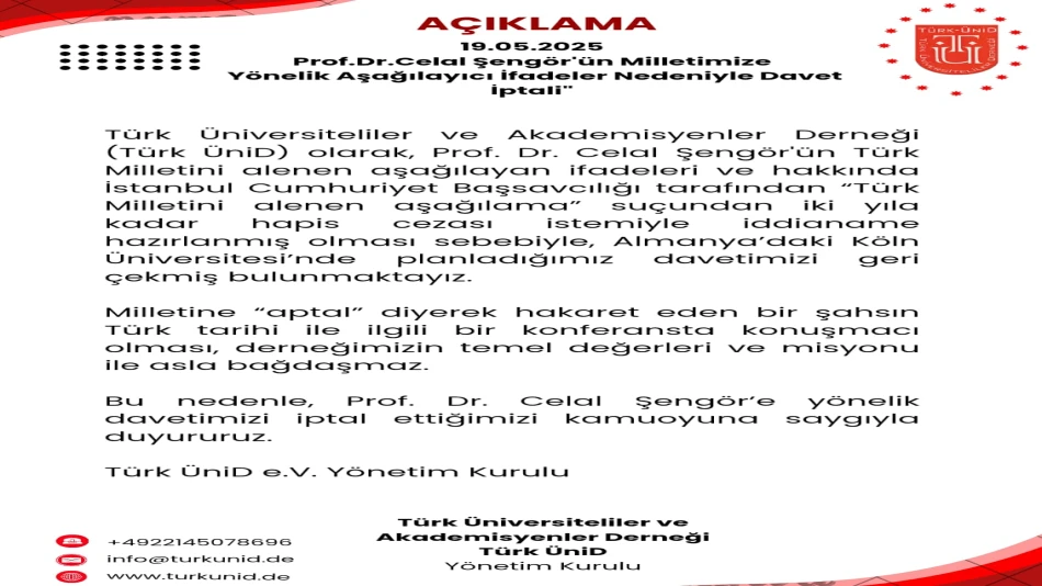 Prof.Dr.Celal Şengör'ün Milletimize Yönelik Aşağılayıcı İfadeler Nedeniyle Davet İptali